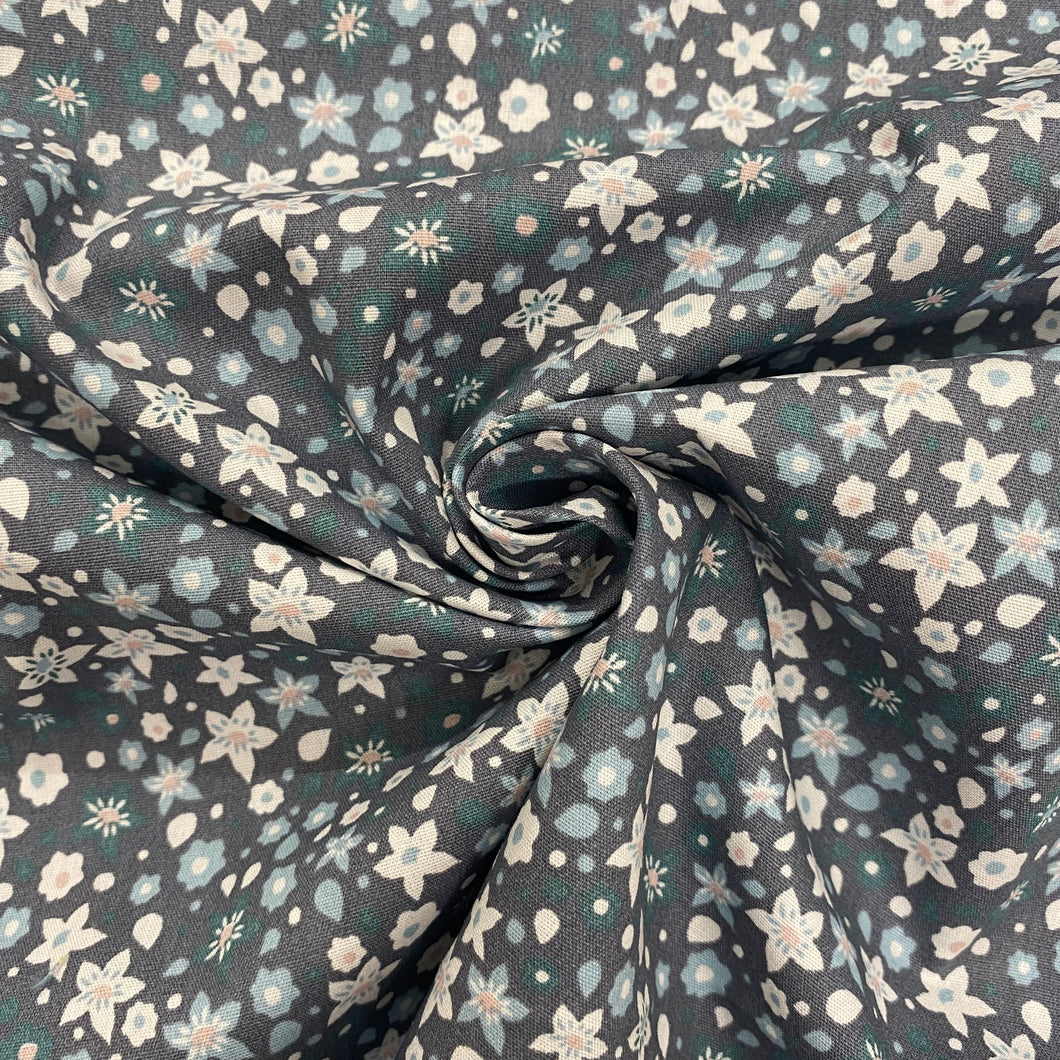 Grey and blue ditsy floral cotton fabric (wide) - 1/2 mtr