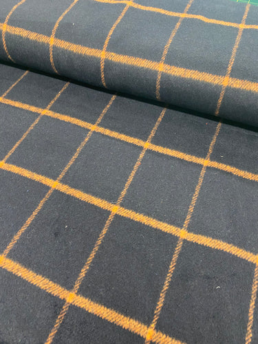 Navy & orange checked wool mix fabric - 1/2mtr