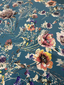 Fabric Remnant - teal floral viscose - 60cms