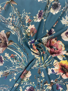 Fabric Remnant - teal floral viscose - 60cms